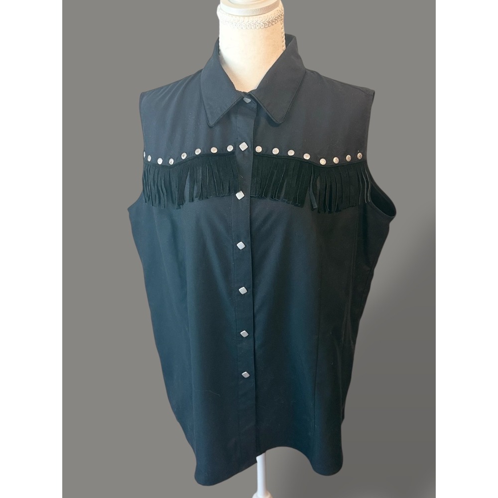 Wrangler Retro Black Sleeveless Western Shirt with Studded Fringe size XL